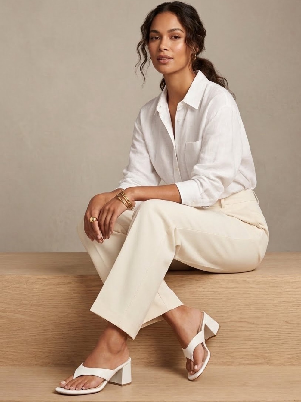 Nine West “Sunrise” White Mid-Block Thong Sandal